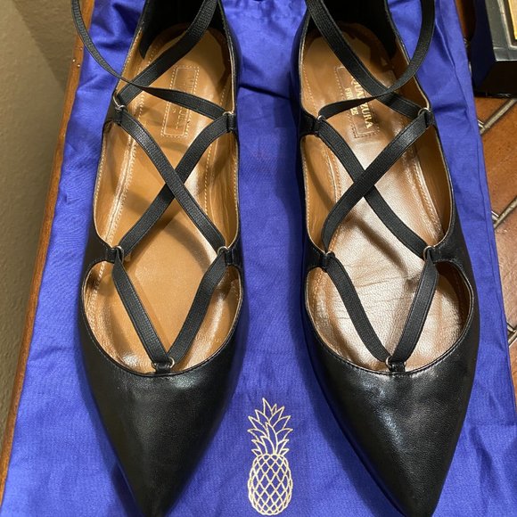 Aquazzura Black  Ballet Leather Strappy Wrap Around Flats - Picture 2 of 4
